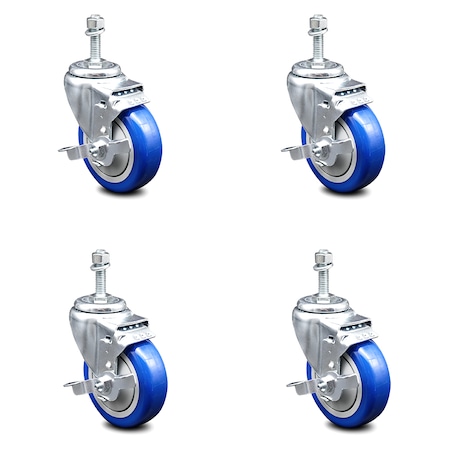 Service Caster 4 Inch Blue Polyurethane Swivel 10mm Threaded Stem Caster Set with Brake SCC-TS20S414-PPUB-BLUE-TLB-M1015-4